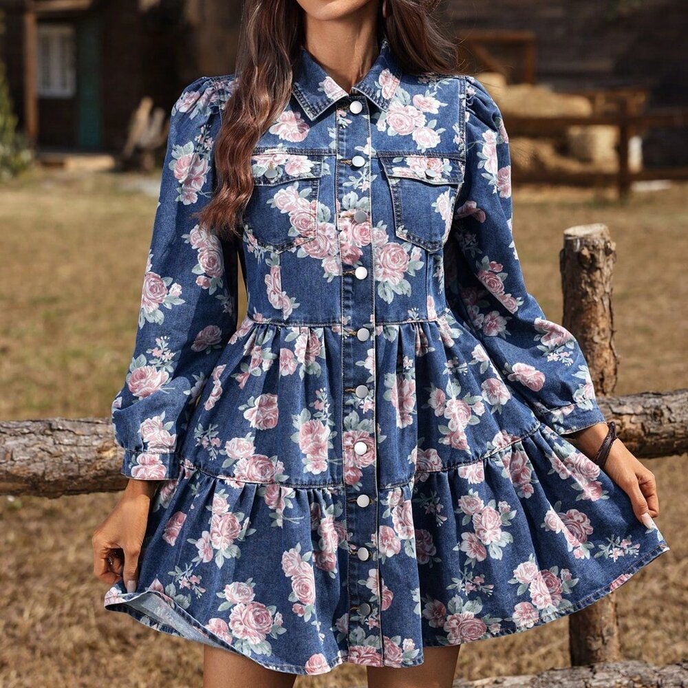 Light Wash Boho Women's Floral Print Single-Breasted Ruffle Casual Denim Dress - Picture 3 of 6